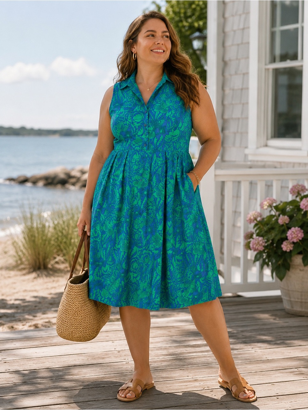 Sleeveless Green & Blue Floral Fit-and-Flare Dress